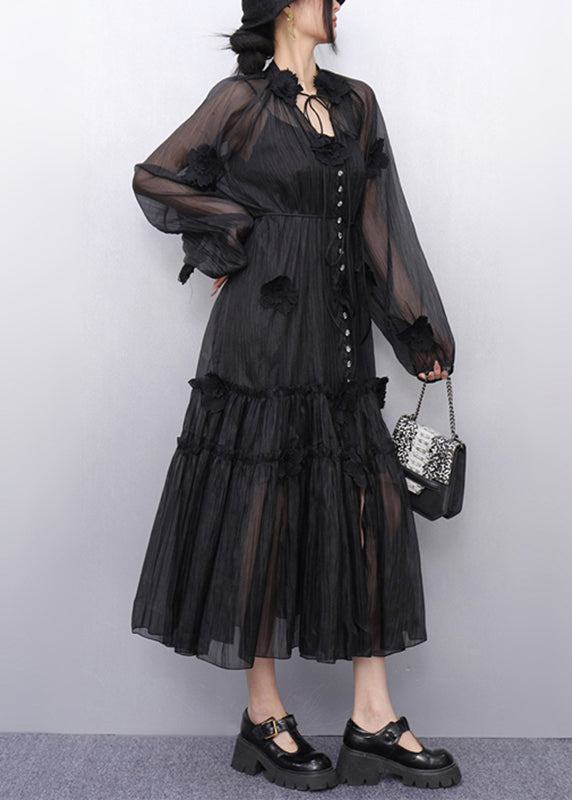 Black Stand Collar Ruffled Chiffon Long Dresses Fall