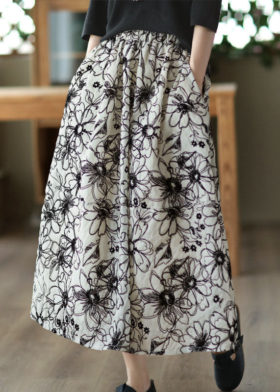 Beige Wrinkled Embroideried Linen Skirt Summer
