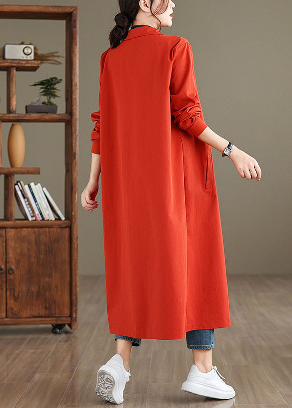Red Peter Pan Collar Pockets Long Trench Coat Long Sleeve
