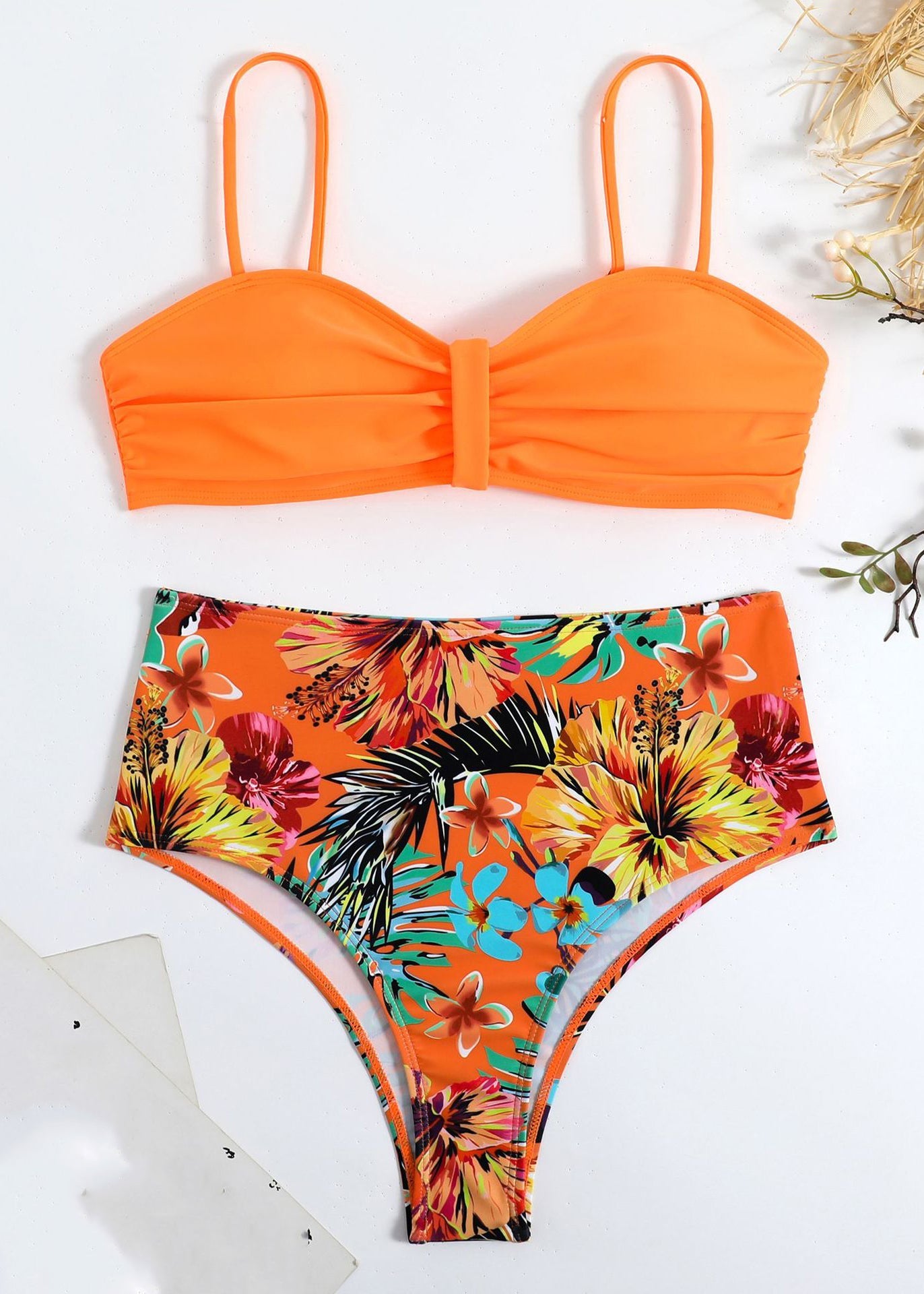 New Rose Print Backless Swimwear Two Pieces Set