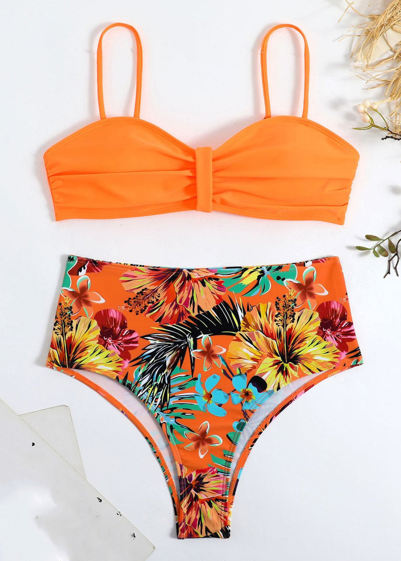 New Rose Print Backless Swimwear Two Pieces Set