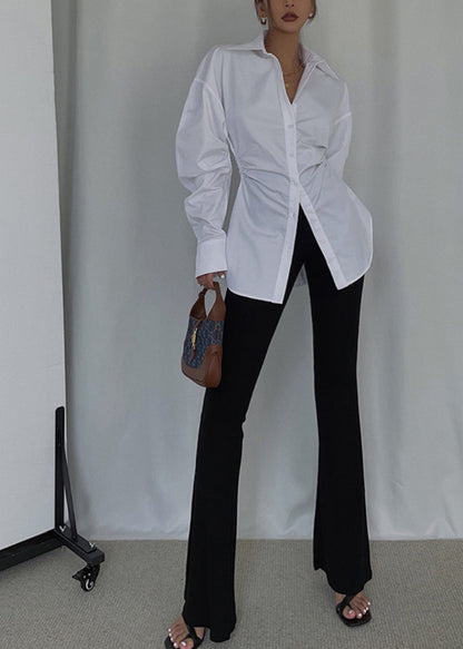 White Cinched Cotton Blouse Tops Spring