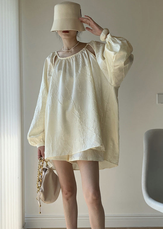 French Apricot Jacquard Off the Shoulder Cotton Two Pieces Set Summer