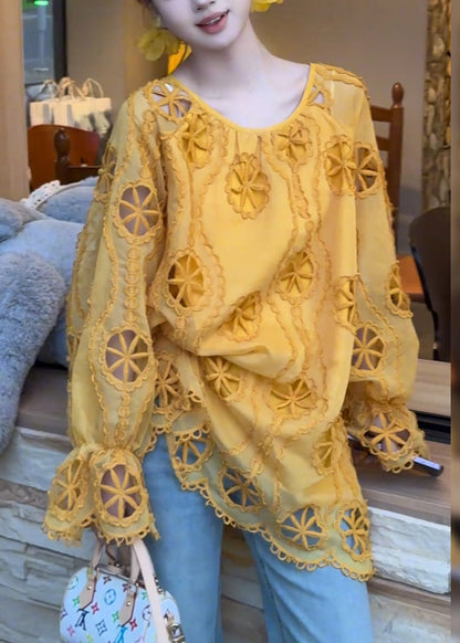 Modern Yellow Hollow Out Cotton Blouse Top Fall