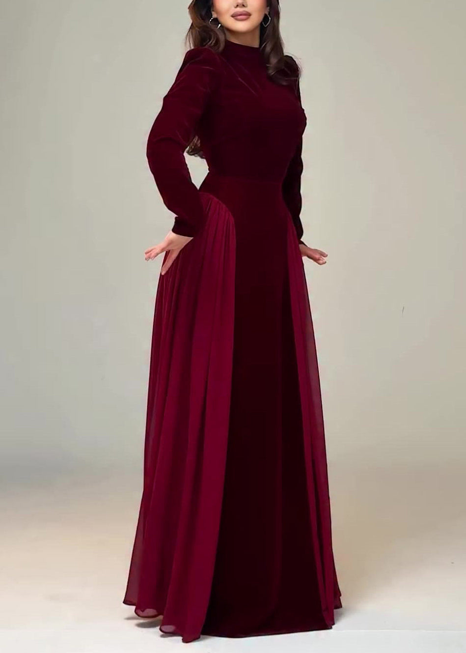 Wine Red Chiffon Patchwork Velour Long Dresses Tie Waist