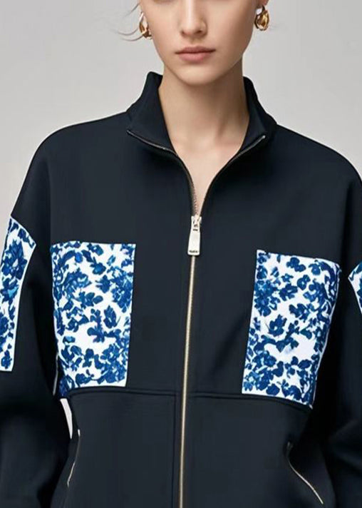 Black Stand Collar Patchwork Print Cotton Coats Fall