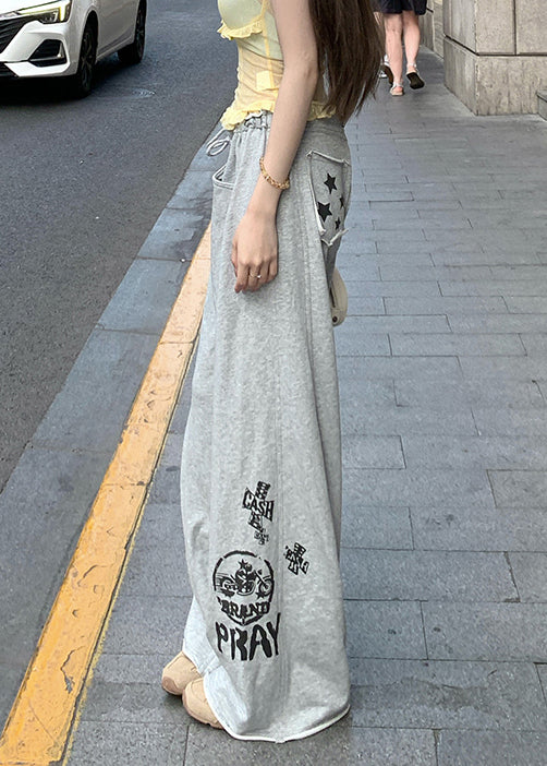 Grey Print Pockets Elastic Waist Cotton Pants Summer