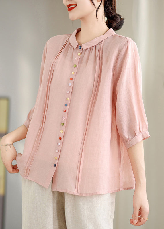 Pink Peter Pan Collar Cotton Shirt Top Half Sleeve