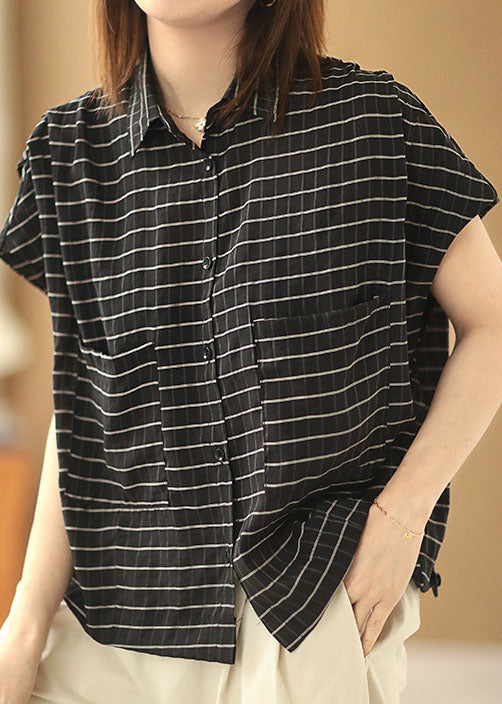 Black Peter Pan Collar Striped Pockets Drawstring Blouse Top Short Sleeve