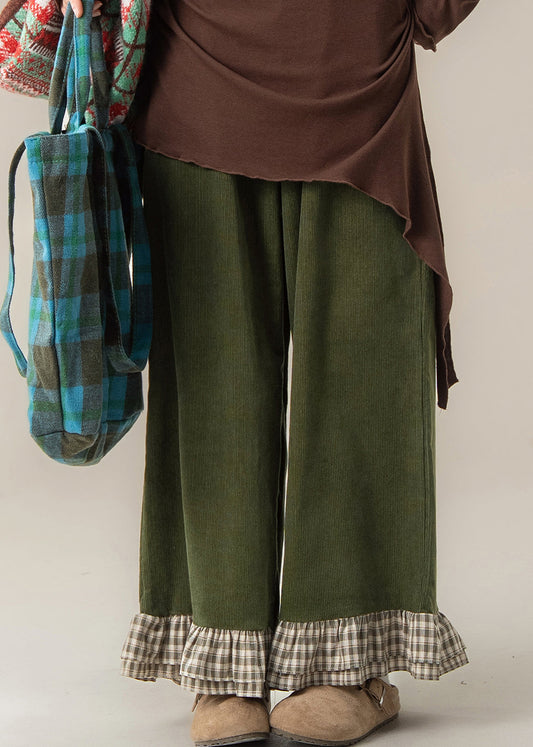 Green Ruffled Patchwork High Waist Wide Leg Pants