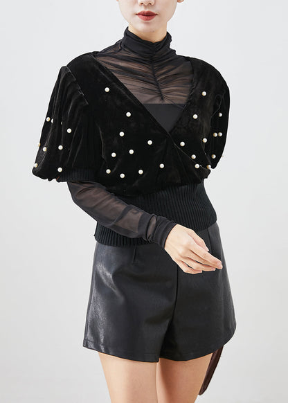 Black Nail Bead Silk Velour Vest and Shirt Two Piece Suit Set Fall
