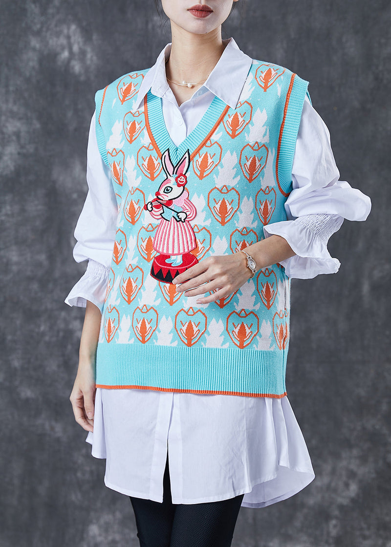 Organic Sky Blue V Neck Print Knit Vest and Shirt Two Pieces Set Spring