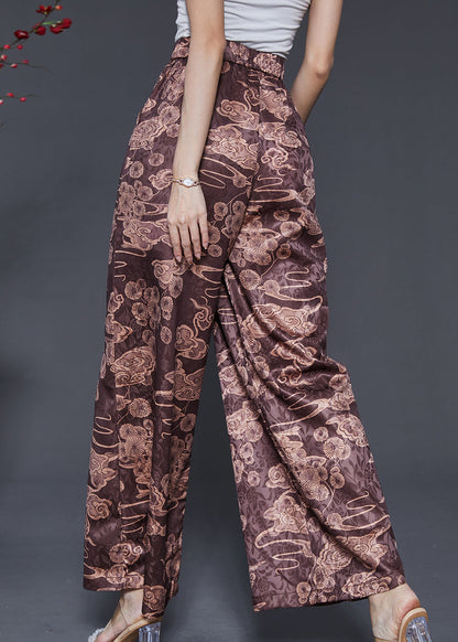 Brown Elastic Waist Print Silk Wide Leg Pants Spring
