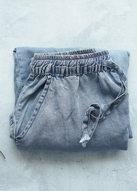 Light Blue High Waist Draping Cotton Denim Wide Leg Pants Summer