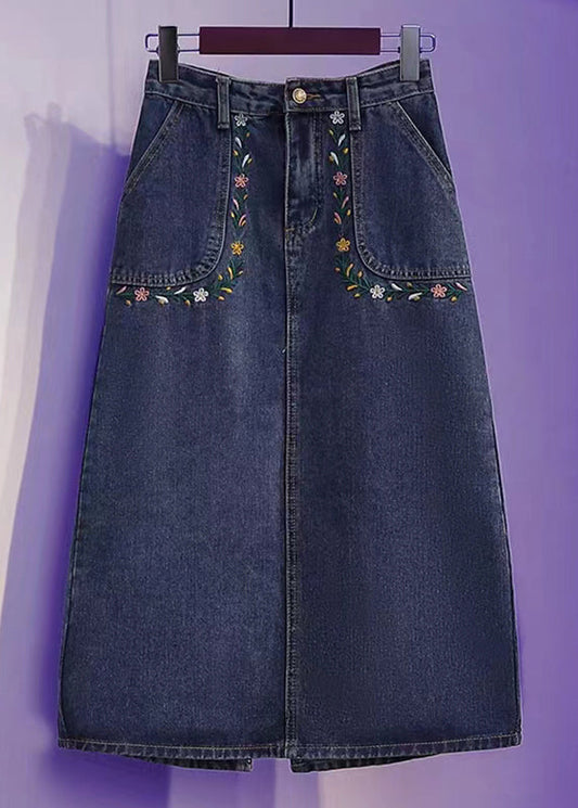Loose Blue Embroideried Pockets Patchwork Denim Skirt Summer