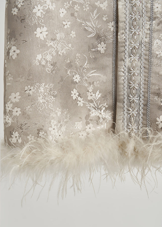 Art Light Grey Jacquard Patchwork Feather Silk Vests Fall