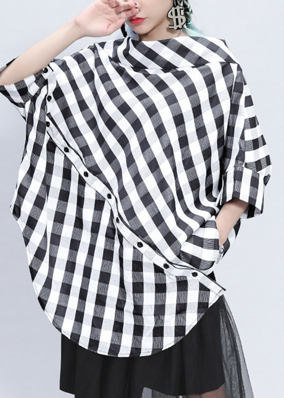 Plaid Stand Collar Asymmetrical Patchwork Button Linen Tops Batwing Sleeve