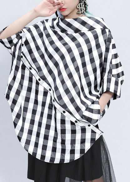 Plaid Stand Collar Asymmetrical Patchwork Button Linen Tops Batwing Sleeve