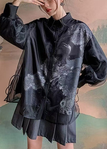 Black Peter Pan Collar Lace Up Patchwork Tulle Shirt Lantern Sleeve