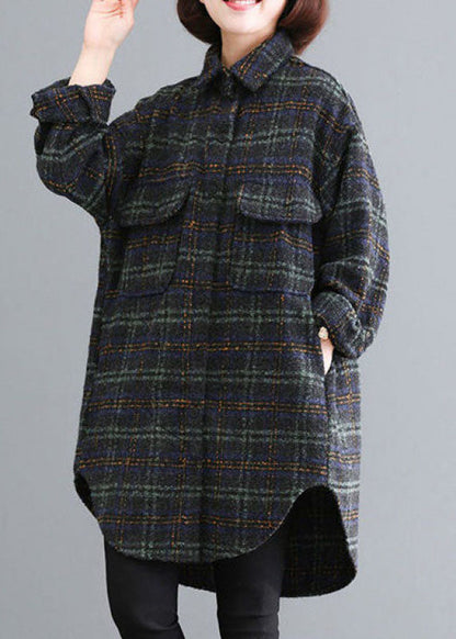 Blue Green Plaid Pockets Button Fall Thick Long Sleeve Coat