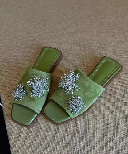 Italian Splicing Green Cowhide Leather Slide Sandals Peep Toe
