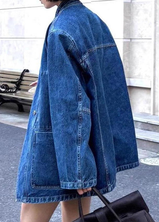 Blue V Neck Button Pockets Denim Coat Spring