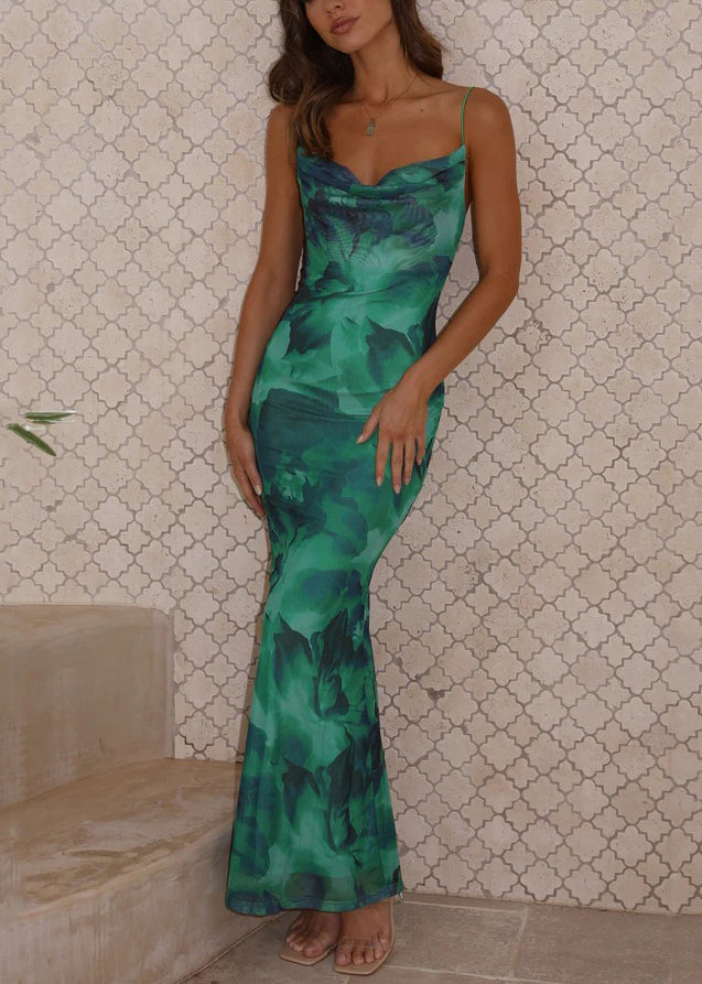 Green Backless Print Cotton Spaghetti Strap Dress Sleeveless