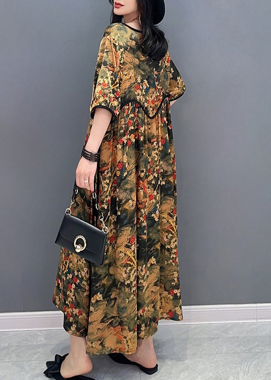 Handmade O-neck Print Patchwork Long Dresses Short Sleeve