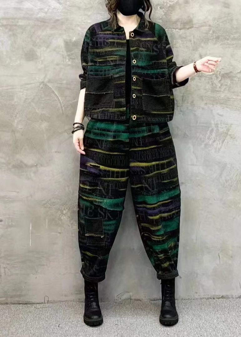 Green Print Tops and Pants Denim Two Piece Set Fall