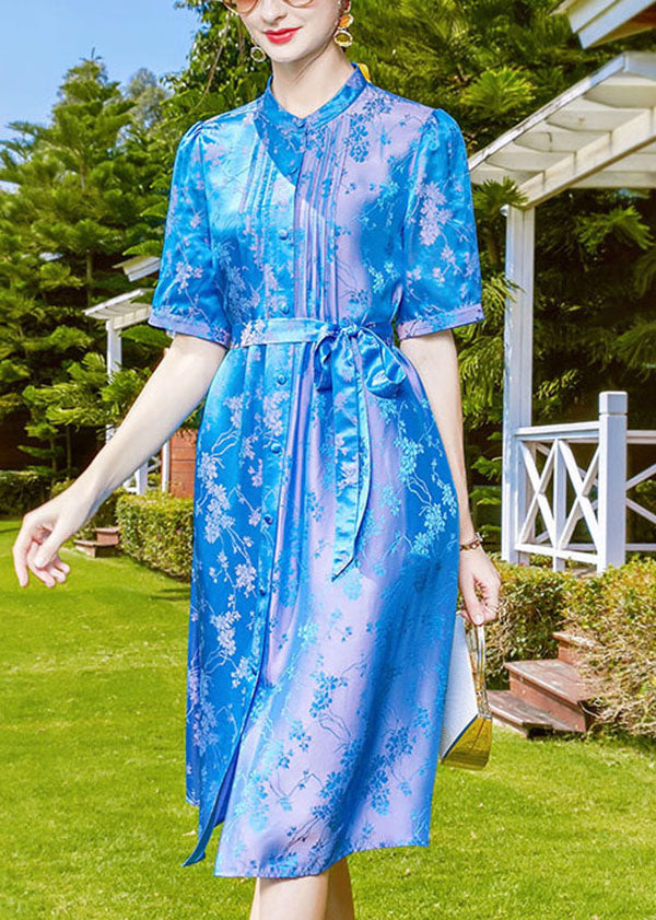 Blue Stand Collar Jacquard Tie Waist Silk Shirt Dress Short Sleeve