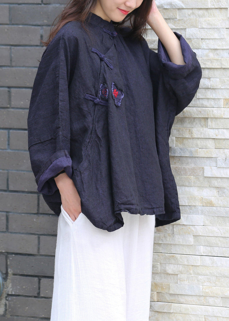 Stand Collar Batwing Sleeve Tunic Cotton Navy Shirts Spring