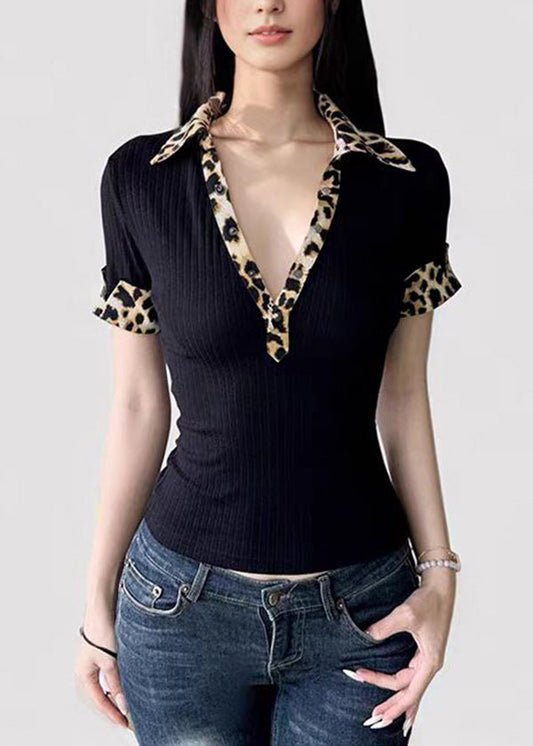 American Leopard Print Peter Pan Collar Patchwork Fake Two T-shirt Summer