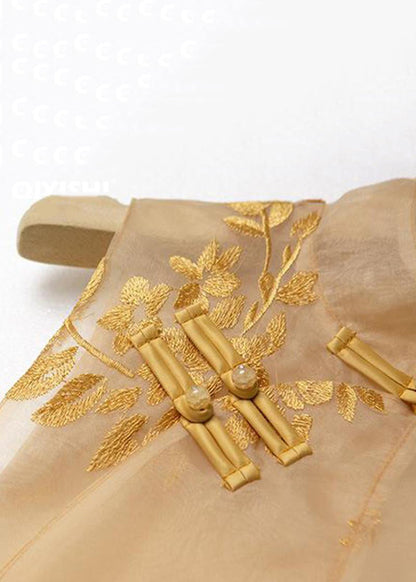 Loose Yellow Stand Collar Embroidered Button Tulle Waistcoat Sleeveless