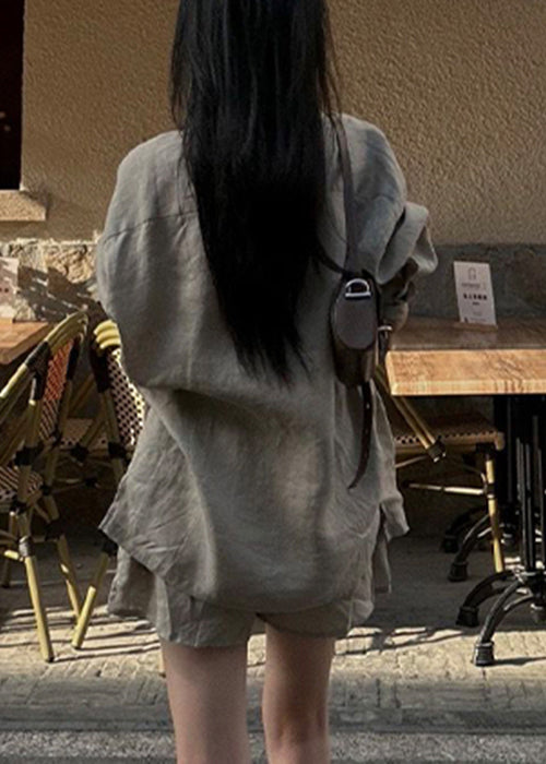 Loose Khaki Pockets Shirt and Shorts Cotton Two Pieces Set Summer