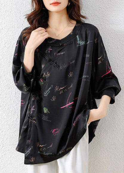 Black Embroidered Print Silk Oriental Blouses Fall