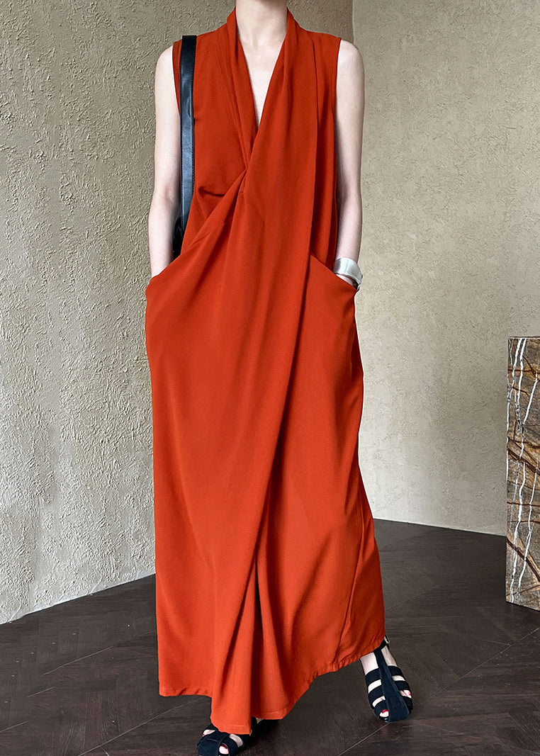 Italian Orange V Neck Pockets Cotton Long Dress Sleeveless