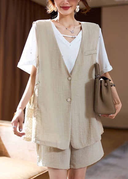 Loose Khaki V Neck Button Cotton Two Pieces Set Summer
