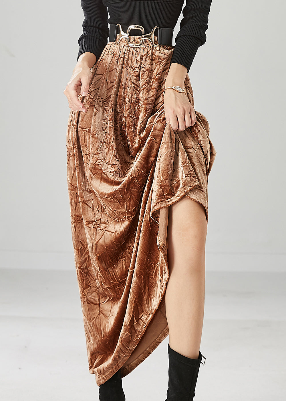 Khaki Elastic Waist Wrinkled Silk Velour Skirt Fall