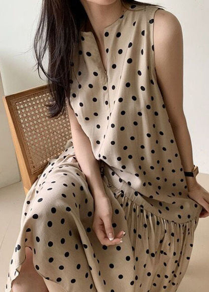 Khaki O Neck Patchwork Dot Print Cotton Dresses Summer