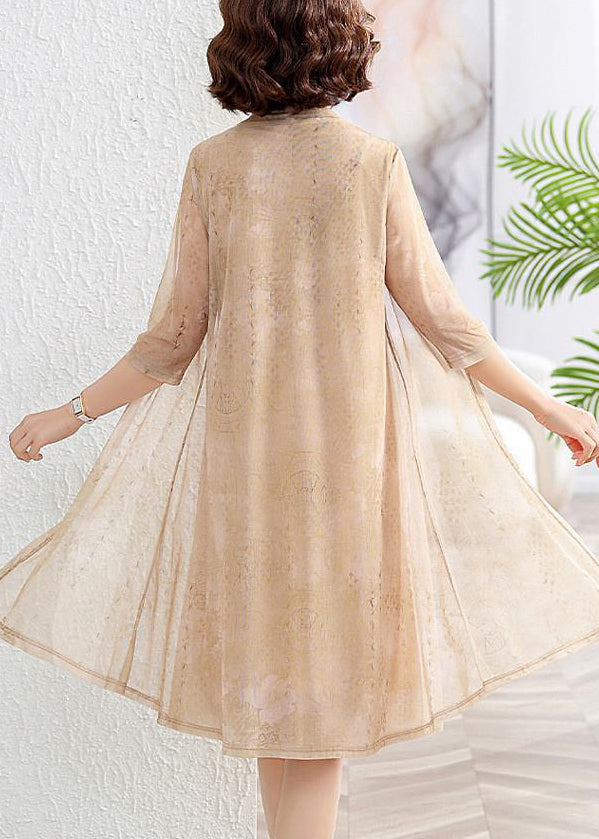 Loose Khaki Cardigan and Dress Chiffon Two Piece Set Summer