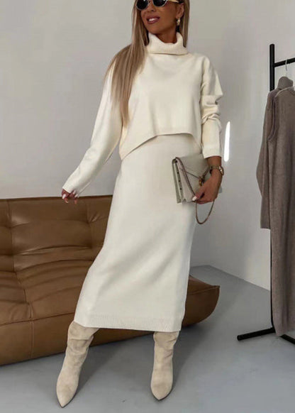 Beige Turtleneck Sweaters and Skirts Knit Two Piece Set Spring