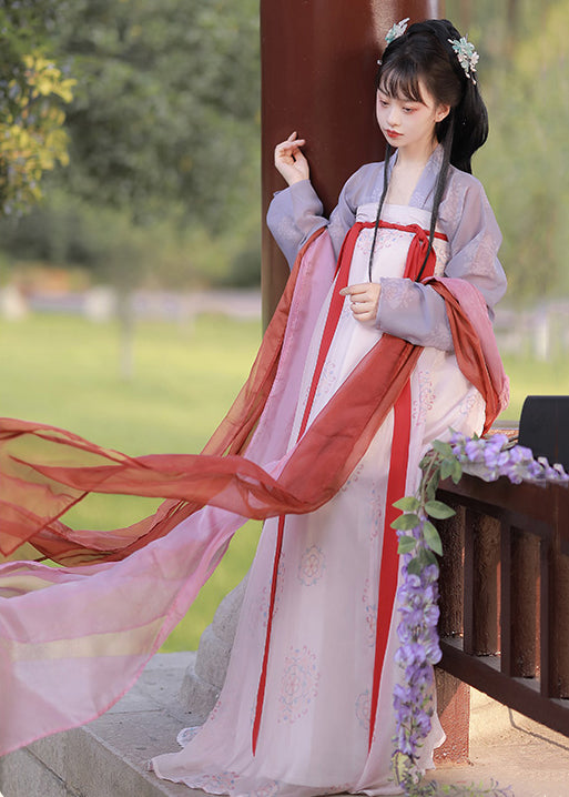 Style Purple Print Tops and Pink Maxi Dresses Patchwork Chiffon Two-piece Set Fall