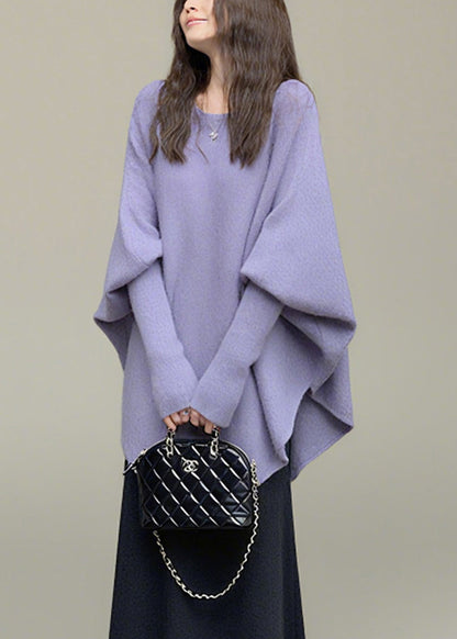 Purple O-neck Knit Sweater Batwing Sleeve