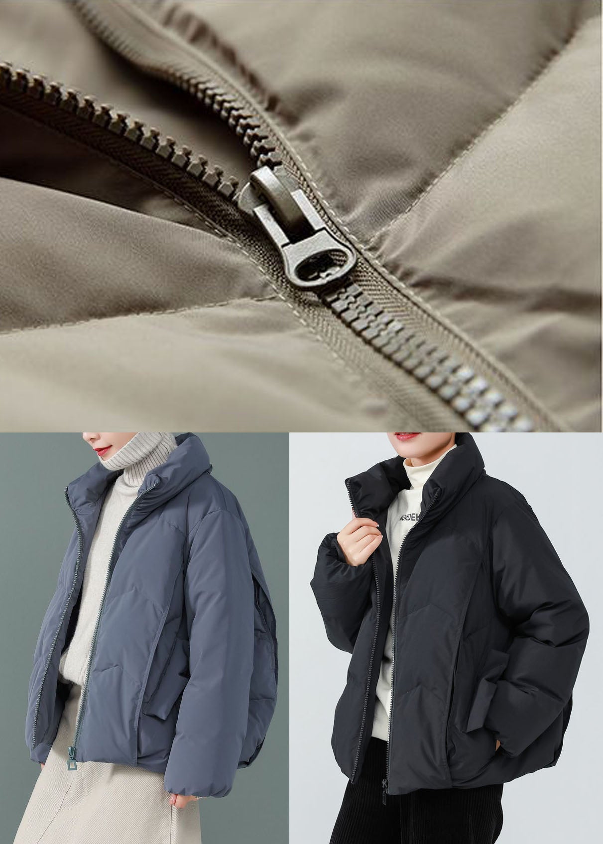 Khaki Cotton Blend Puffer Jacket Stand Collar Zip Up Drawstring Long Sleeve