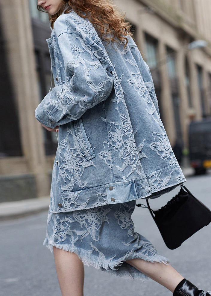 Original Design Blue Jacquard Denim Jacket and Skirts Two Pieces Set Fall
