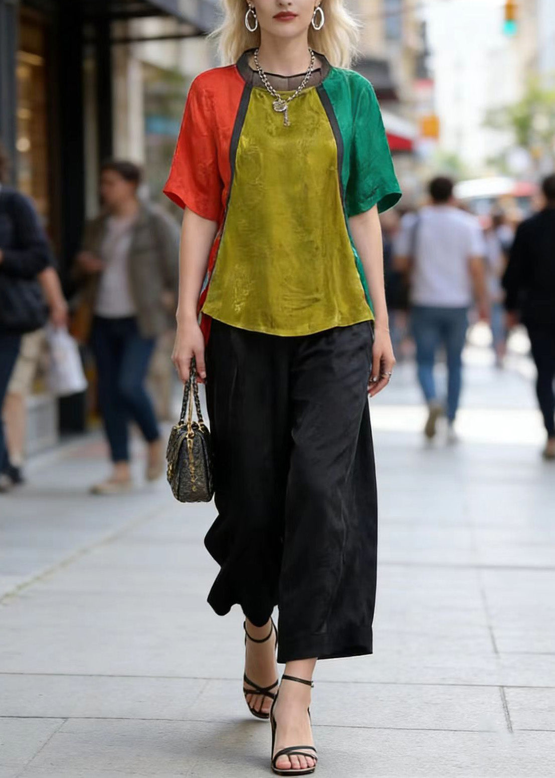 Art Colorblock Jacquard Top and Crop Pants Silk Two Pieces Set Summer