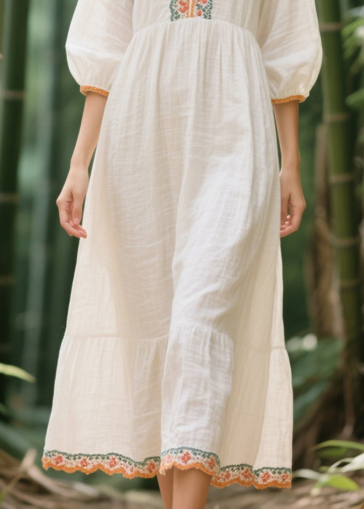 Style White V Neck Patchwork Linen Vacation Dresses Summer