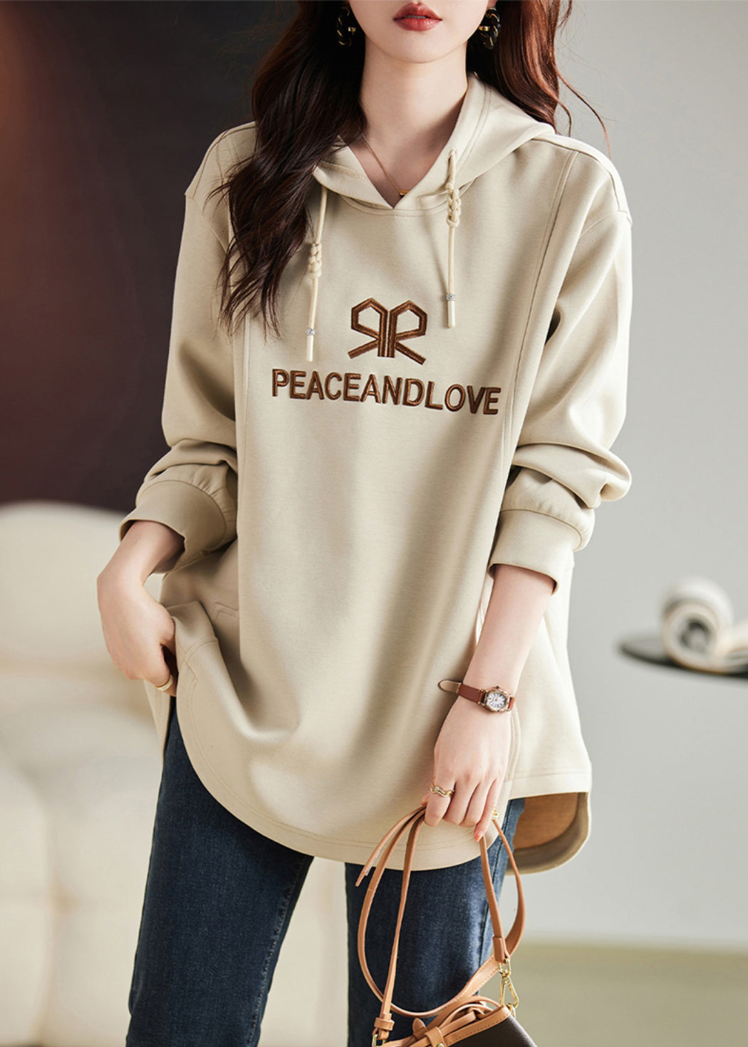 Apricot Embroideried Cotton Sweatshirts Top Spring