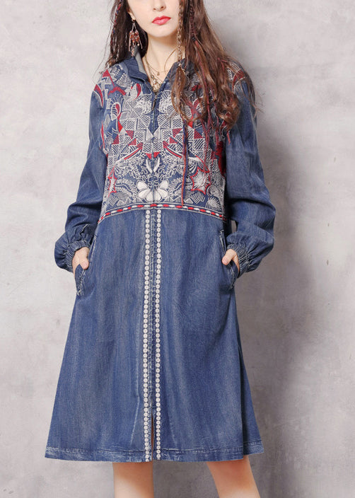 Boutique Blue Zippered Hooded Embroideried Pockets Denim Trench Coats Spring