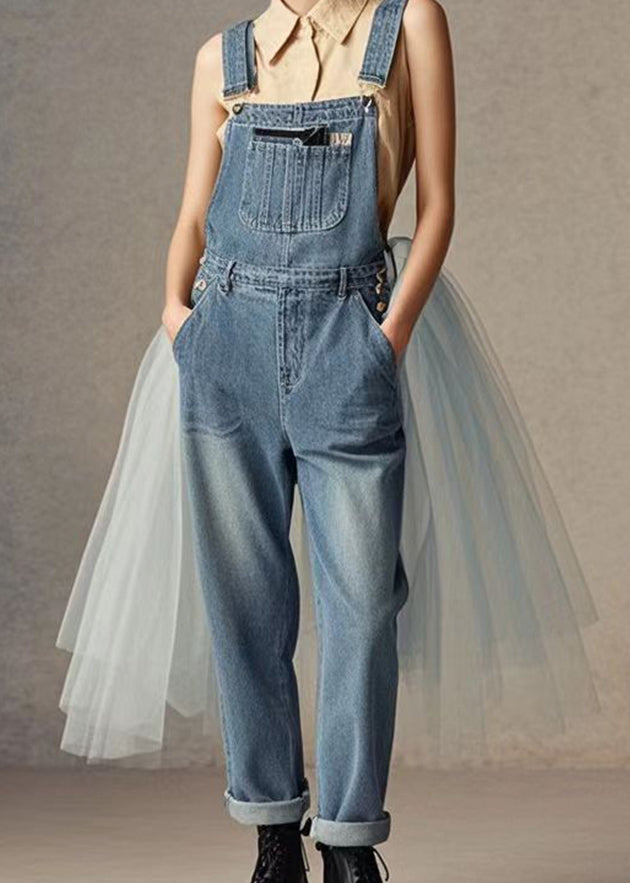 Blue Tulle Patchwork Denim Jumpsuit Spring